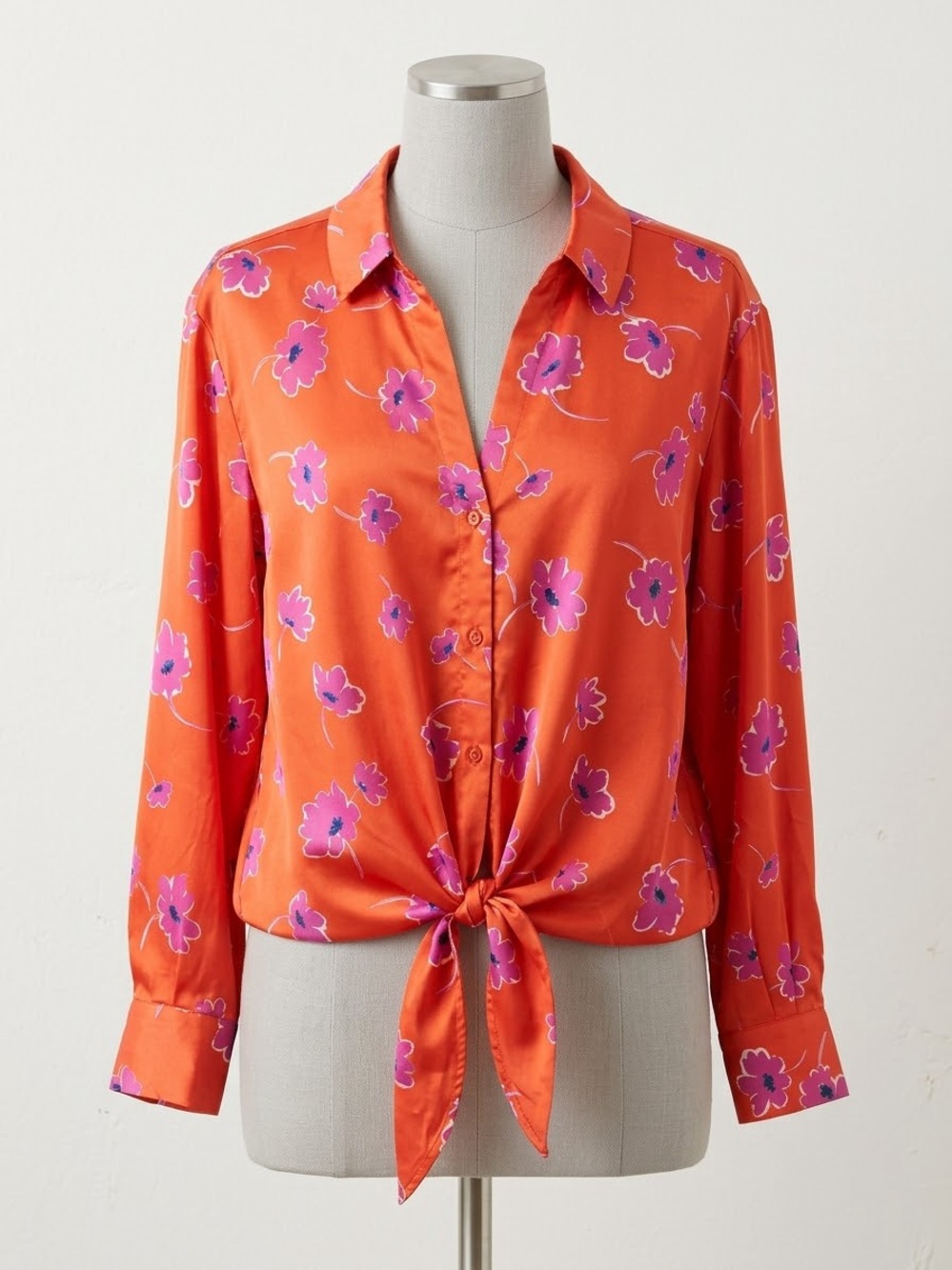 Sanctuary Orange Satin Tie-Front Button Down with Pink Floral